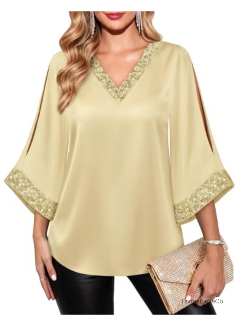 Satin V Neck 3/4 Split Sleeve Beaded Sequin Blouse Formal Party Tunic